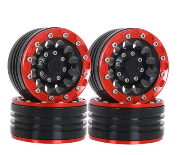 画像1: 1/10RC 1.9in アルミビードロックホイール 2個 レッドxブラック (1)